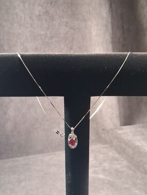 Marked 925 Sterling Silver Ruby Cubic Zirconia Pendant + 18" 1mm Box Chain VG+